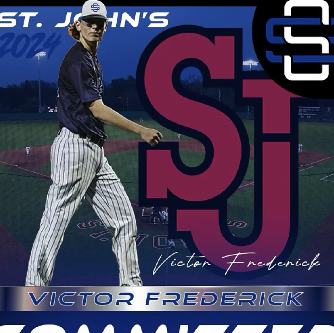 Promotional graphic for Victor Frederick's baseball team, featuring a male player in baseball uniform standing on a field at dusk with large stylized initials "S" and "J" and the name "Victor Frederick" in script.