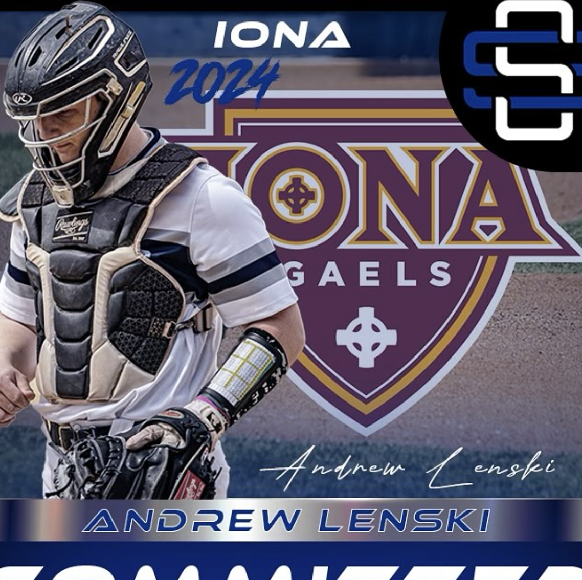 Baseball player in catcher's gear with a helmet and mitt, standing in front of a logo for Iona Gaels, with the name Andrew Lenski.