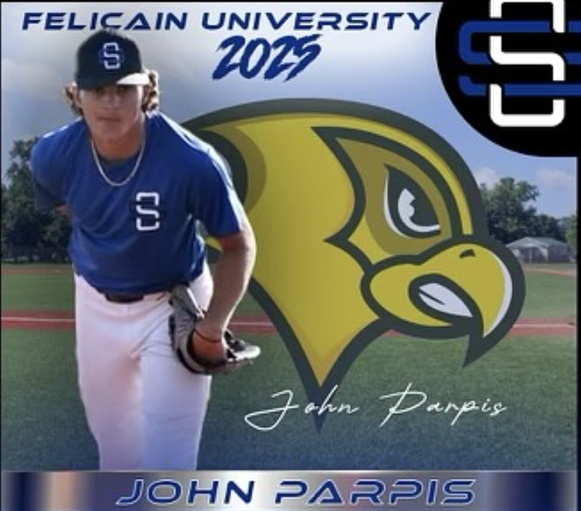 A baseball player in blue uniform and white pants posing on a baseball field, with a large felid eagle logo and text indicating Felisain University 2023, and the name John Parris.