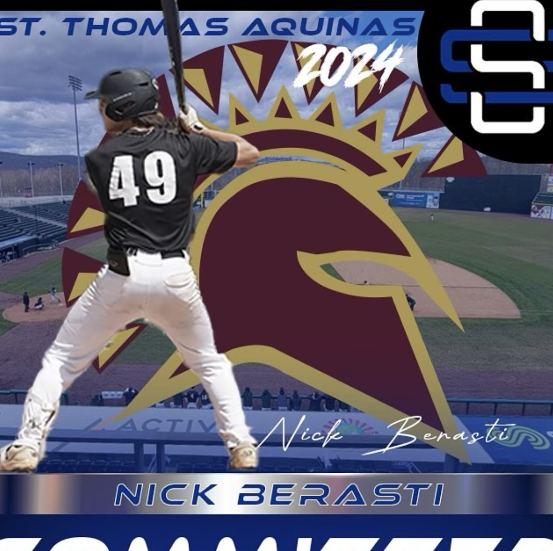 Baseball player wearing a black jersey with the number 49, standing in batting stance on the field with stadium seats and a large team logo in the background, featuring a Trojan helmet and the text '2024' and 'Nick Berasti'.