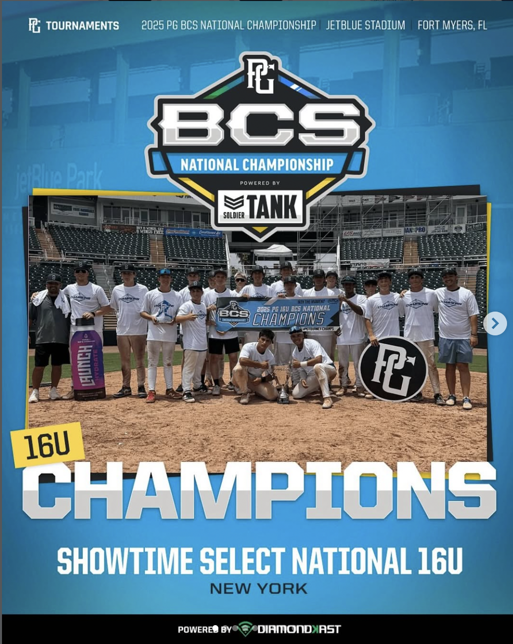 Group of teenage baseball players and coaches on the field at JetBlue Stadium in Fort Myers, Florida, celebrating their victory, holding a banner that reads '2025 PG 16U BCS National Champions.' The background shows stadium bleachers and a scoreboard.