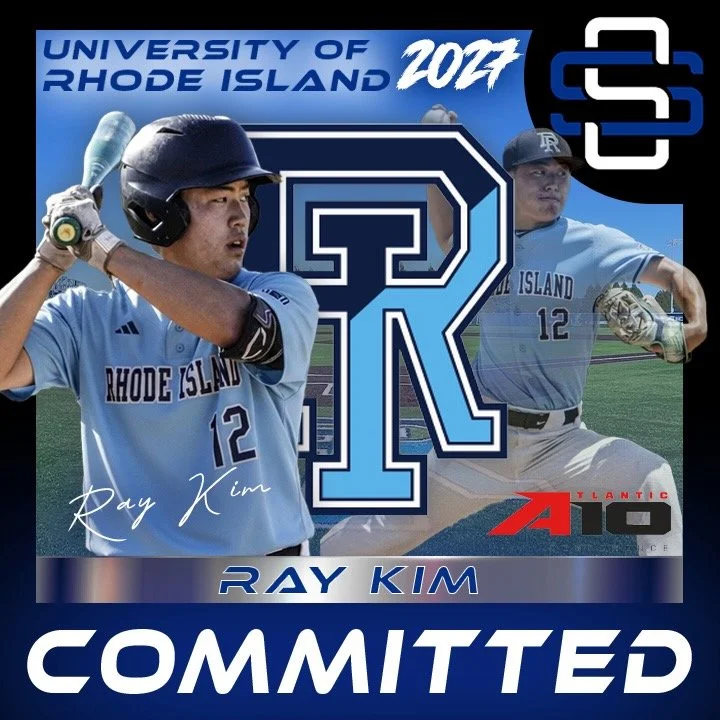 Poster for University of Rhode Island 2022 baseball team, highlighting Ray Kim, featuring two action photos of him in a batting stance, a large university logo, and text indicating his commitment to Atlantic 10 Conference.