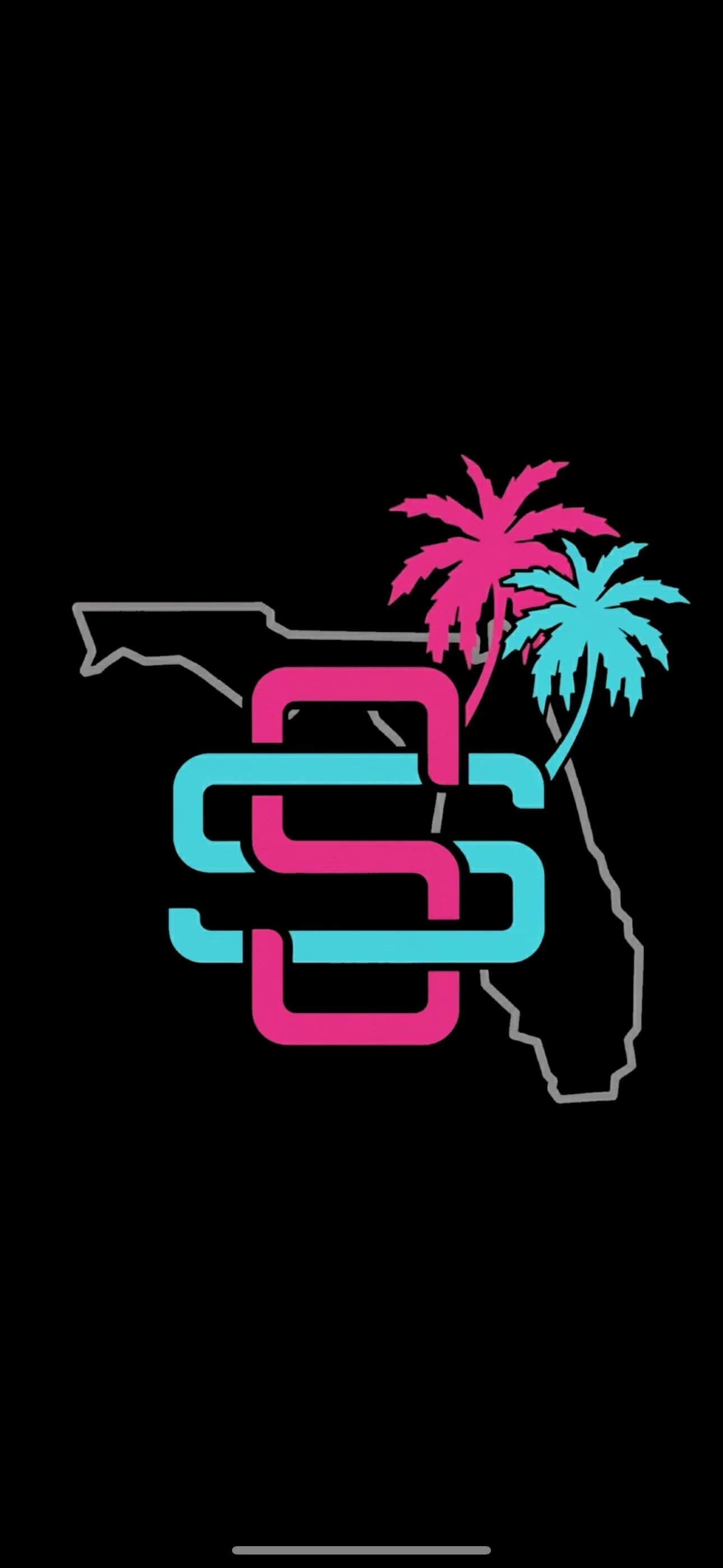 Outline of the state of Florida with a neon pink and blue intertwined drink cup and two palm trees, one neon pink and one neon blue, on a black background.  Showtime Florida