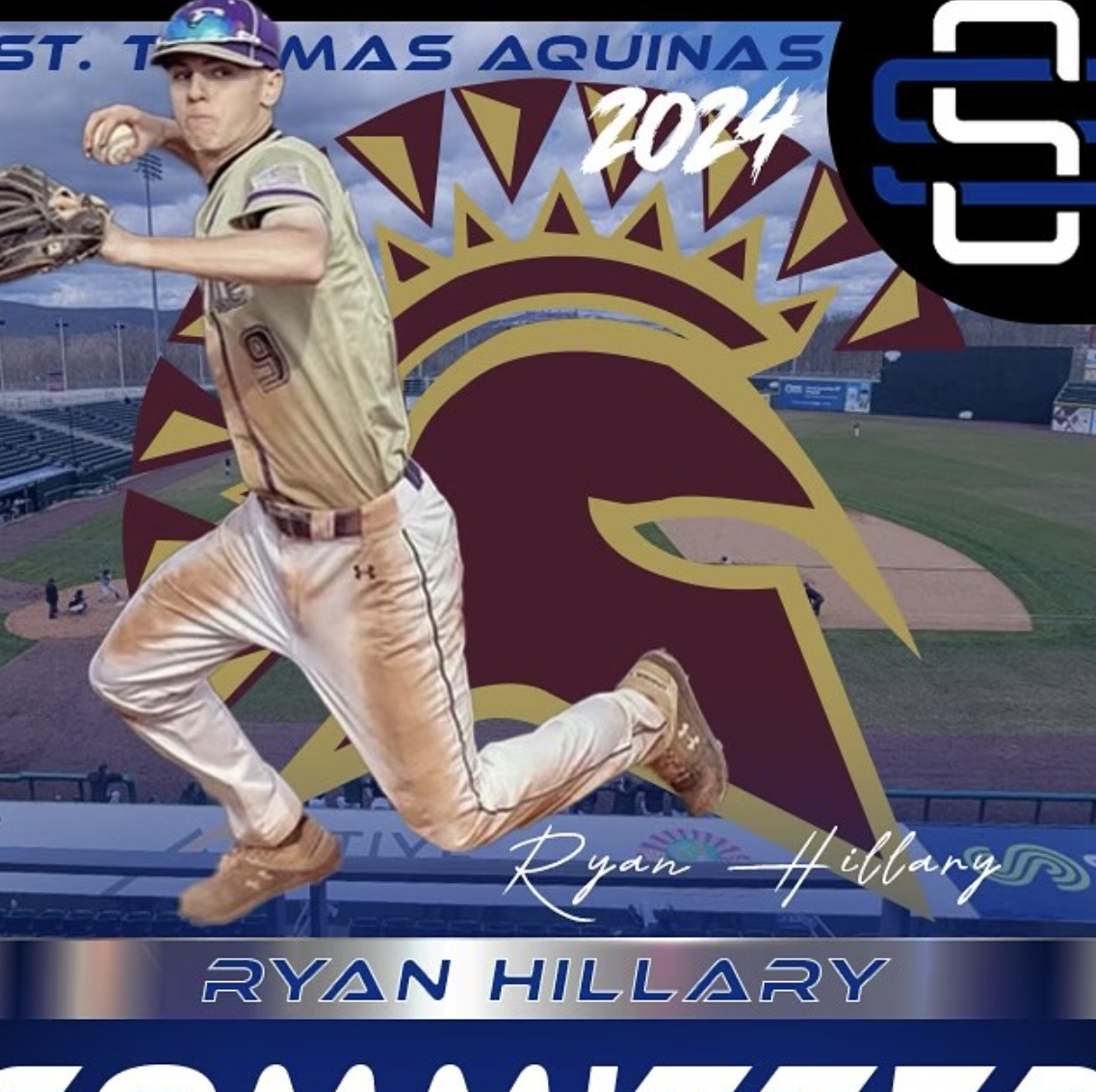 A graphic featuring a baseball player in a batting stance with the name Ryan Hillary and the year 2024, over a background of a baseball stadium and a large logo with a Spartan helmet. The top includes text referencing St. Thomas Aquinas.