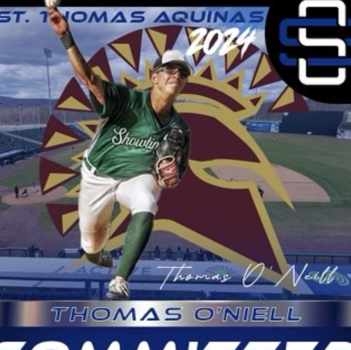 A poster featuring a baseball player in a green and white uniform with a black glove, running on the field. The background has a large stylized maroon and yellow sunburst behind him, with the text "2024" and his name "Thomas O'Neill" written across. The poster mentions a baseball tournament and includes the logo of the tournament.