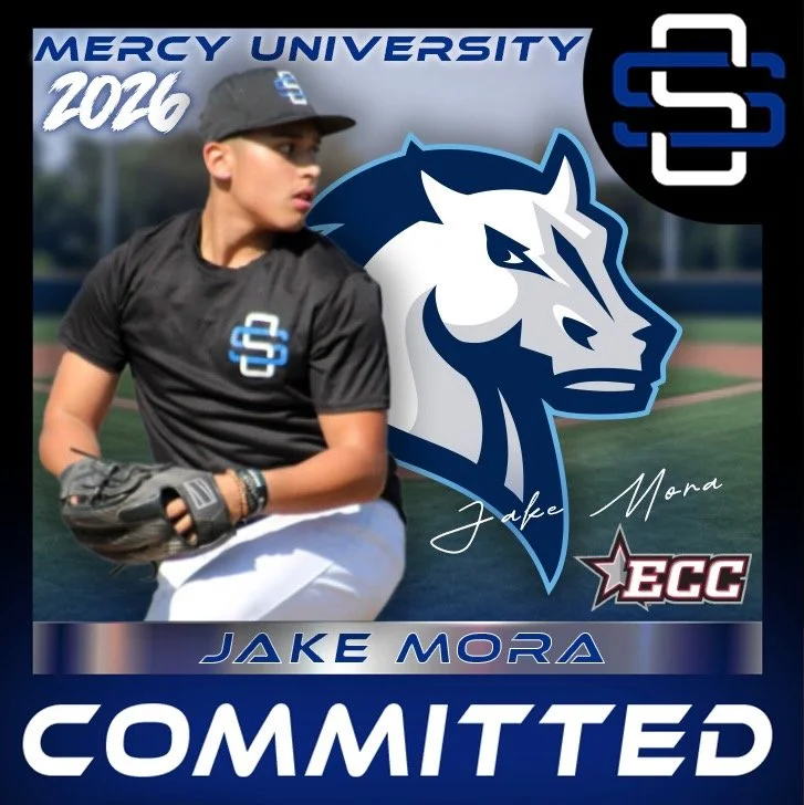 Digital sports graphic featuring a young baseball player in a black jersey and white pants on a baseball field, with text indicating he's committed to Mercy University, class of 2026, and is named Jake Mora. The graphic includes logos of Mercy University and ECC, a large blue and white lion head mascot, and decorative text in blue, white, and red.