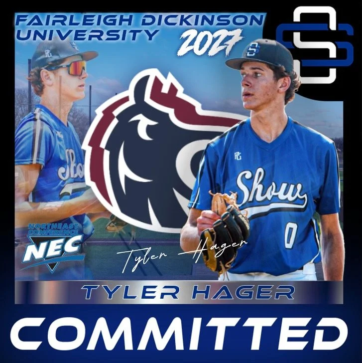 Design celebrating Tyler Hager's commitment to Fairleigh Dickinson University baseball team in 2024, featuring images of Tyler Hager in baseball gear, a university logo, and text highlighting his name and commitment.
