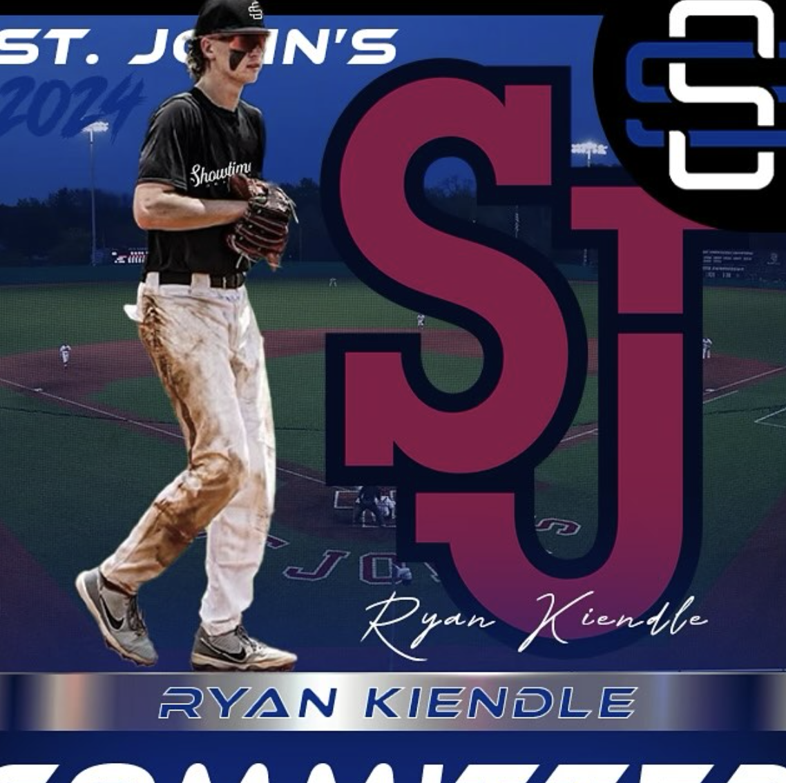 A baseball player stands on a field with the text 'Ryan Kiendle' over a large pink and black 'SJ' logo, set against a stadium background at dusk.