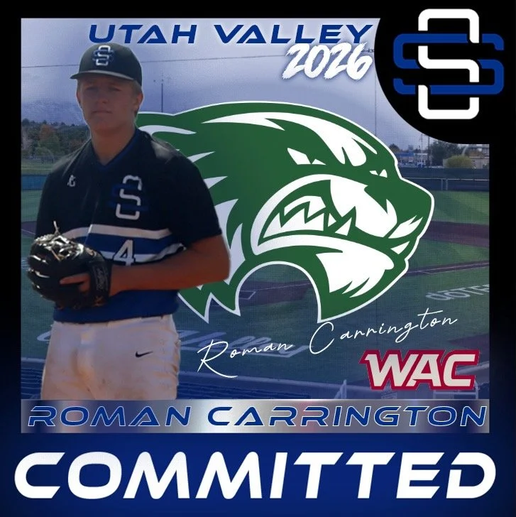 A young baseball player in uniform holding a glove, standing in front of a graphic background with the Utah Valley 2026 logo, a green fierce animal graphic, and the name Roman Carrington with text indicating commitment to WAC.