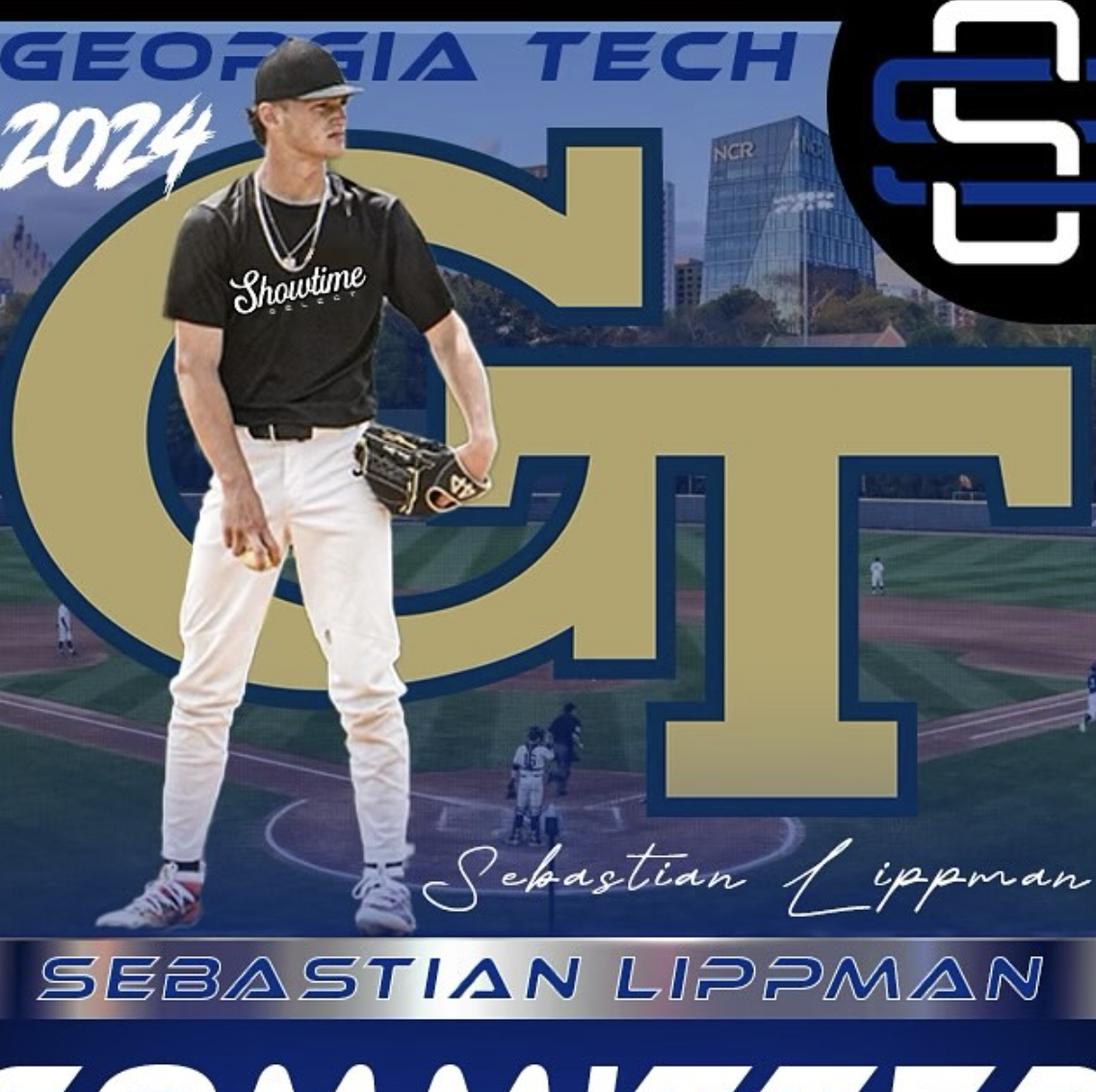 Graphic design featuring a young man in baseball attire with a black t-shirt, white pants, and a baseball glove, standing on a baseball field with a cityscape in the background. The design includes large gold and blue text with the name Sebastian Lippman and references to Georgia Tech 2024.