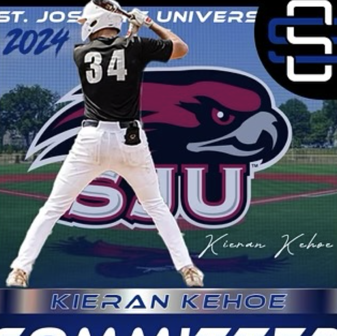 A baseball player in a batting stance at Kennesaw State University, with a large owl logo and the text "Kieran Kehoe" and "Kennesaw State" in the background.