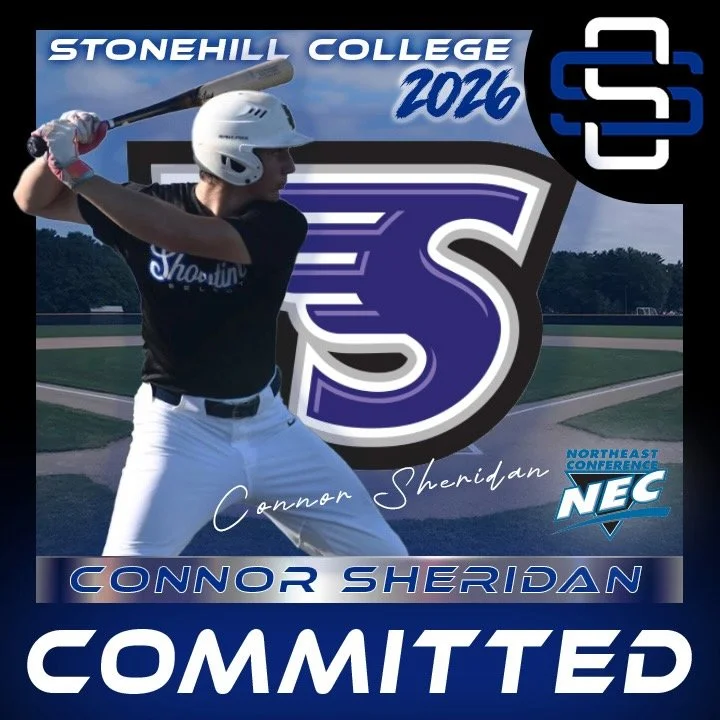A baseball player in a black shirt and white pants holding a bat on a baseball field with a large logo, text, and graphics promoting Stonehill College 2026, NCAA Northeast Conference, and Connor Sheridan's commitment.