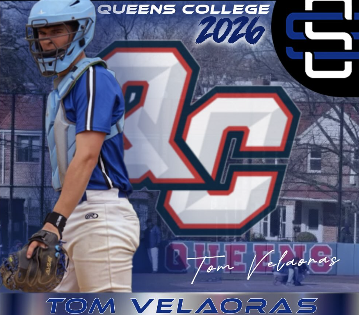A baseball player wearing a blue uniform and helmet, holding a glove, standing outdoors in front of a Queens College 2026 team banner.