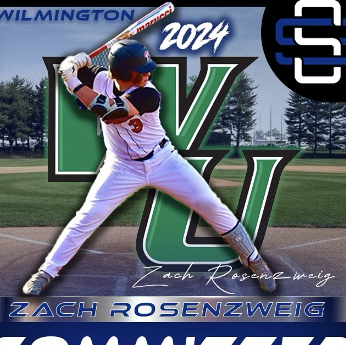 A baseball player in a batting stance on a baseball field with trees and a clubhouse in the background. The image includes text indicating it is for a 2024 event featuring Zach Rosenzweig, with graphic design elements.