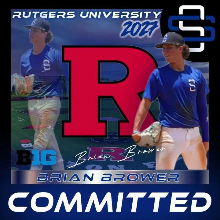 Composite image with college baseball themes featuring a large red Rutgers University logo, a young male baseball player in a blue jersey and cap, text reading "Rutgers University 2022," "Brian Brower," and "Committed," with a background of a baseball field and stadium.
