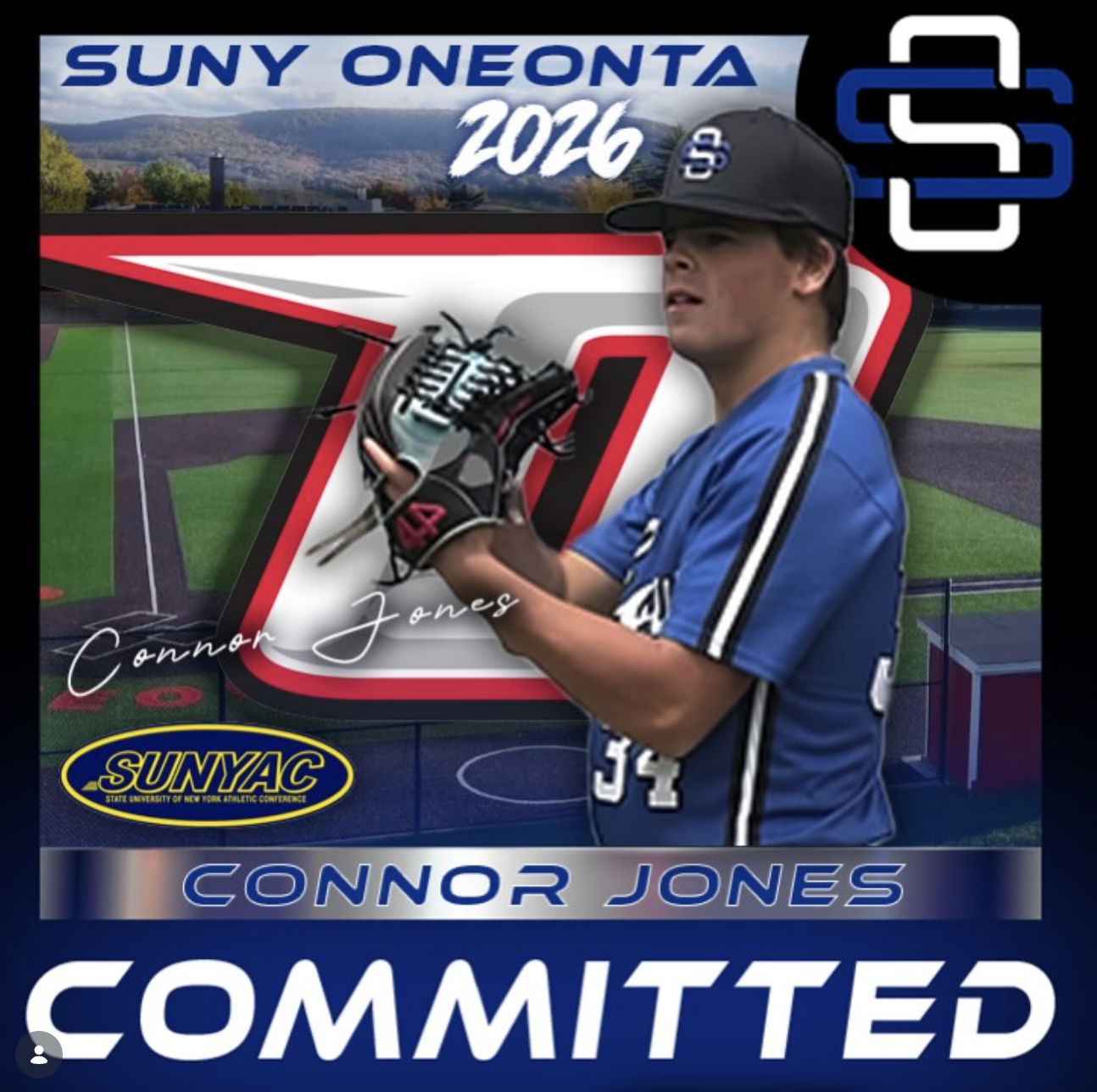 A young baseball player in a blue uniform and cap holding a baseball glove, standing in front of a graphic background that includes baseball fields, mountains, and event logos for SUNY Oneonta 2026 and SUNYAC, with the name Connor Jones and the word 'Committed' at the bottom.