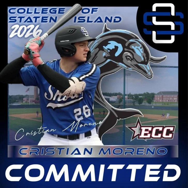 A young baseball player in a blue uniform and helmet preparing to swing a bat on a baseball field. The background features a large graphic of a black and blue fish with a fierce expression, and text indicating the student has committed to the College of Staten Island for 2024.