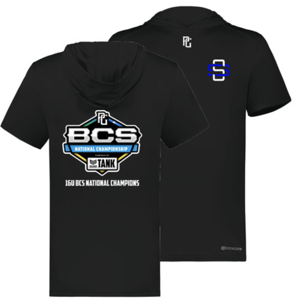 Black T-shirt and black hoodie with logos and text celebrating 160 BCS National Champions, featuring the PC and SOLID TANK logos.