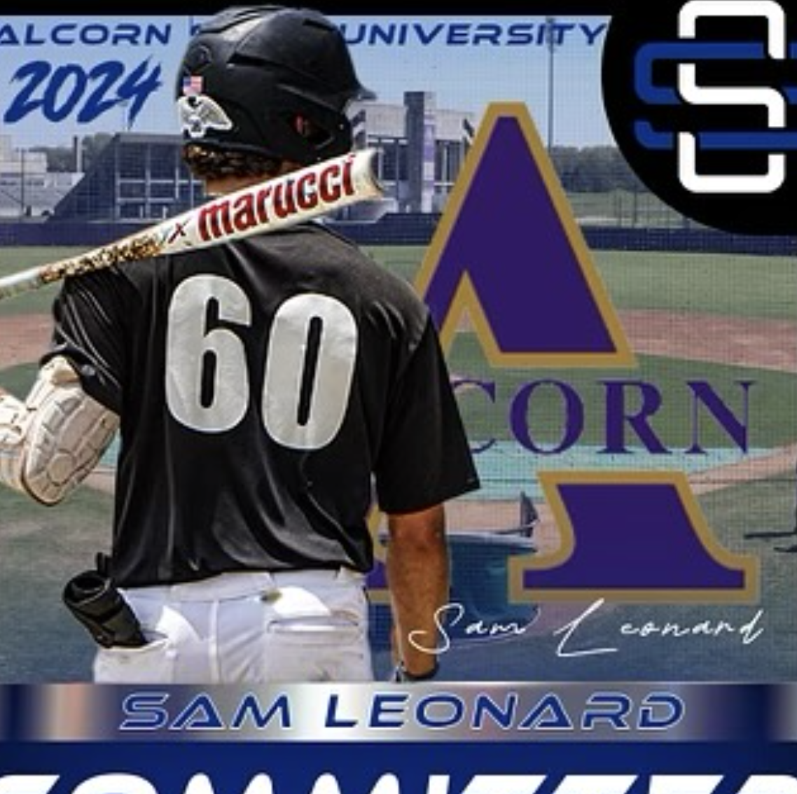 A baseball player wearing a black jersey with the number 60 and a protective helmet, standing on a baseball field with a large FalCorn University logo and the name Sam Leonard in the background.