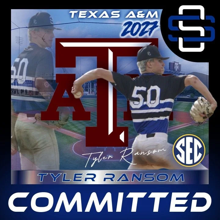 Graphic celebrating Tyler Ransom, a baseball player, with text indicating commitment to Texas A&M for 2023. The image features a player in a baseball uniform with a glove, a large Texas A&M logo, and various sports-related icons.