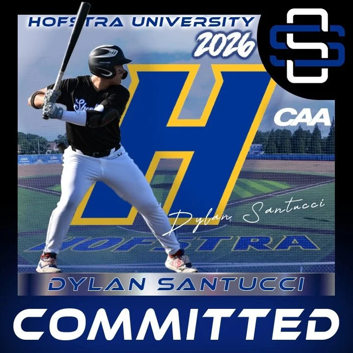 Image of a baseball player in uniform holding a bat at a baseball field, celebrating a commitment to Hofstra University in 2026, with text overlay including the player's name, Dylan Santucci, and logos for Hofstra and CAA.