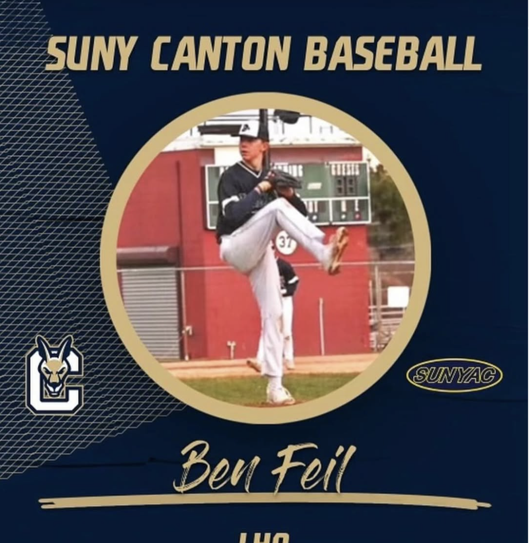 A promotional poster for SUNY Canton Baseball featuring player Ben Feil, with a photo of a player pitching on a baseball field.