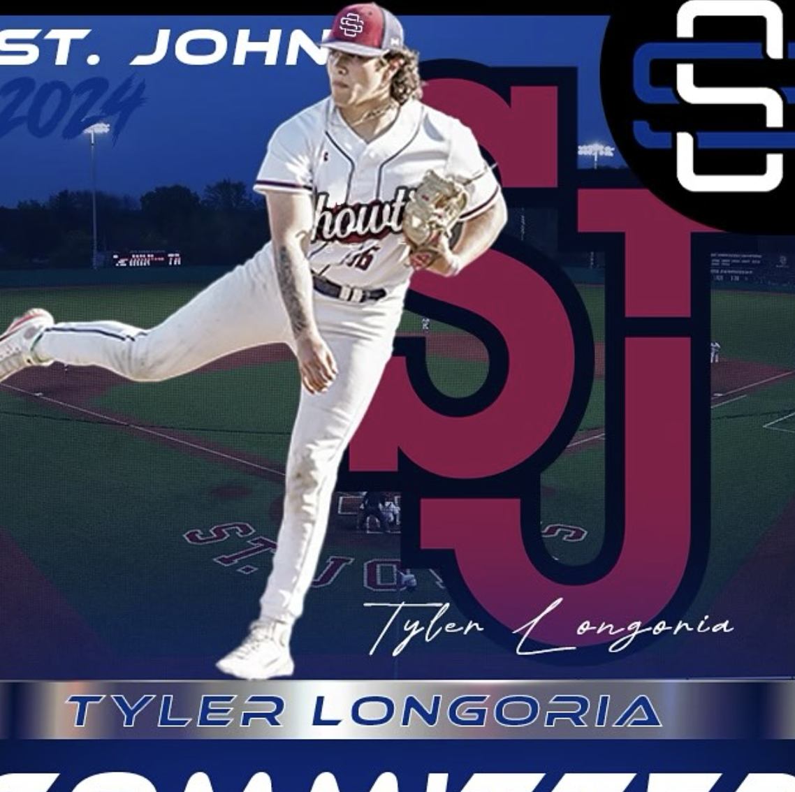 A baseball player in a white uniform with red and black accents, wearing a cap, is pitching on a baseball field. The background features a nighttime sky and stadium lights. Text overlays include the name "Tyler Longoria" and "St. John" with large stylized initials.