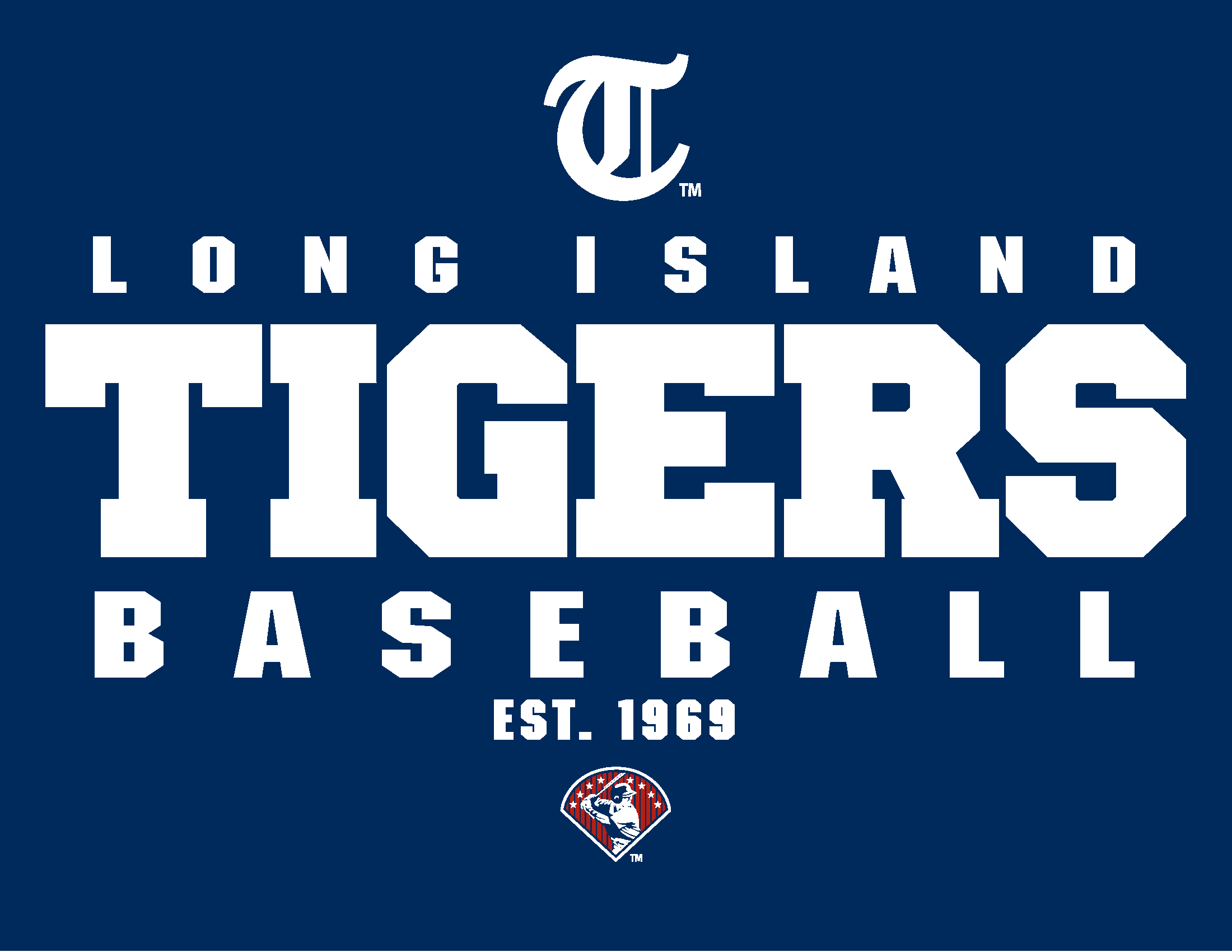 Long Island Tigers Baseball logo with text and a shield emblem on a navy blue background.