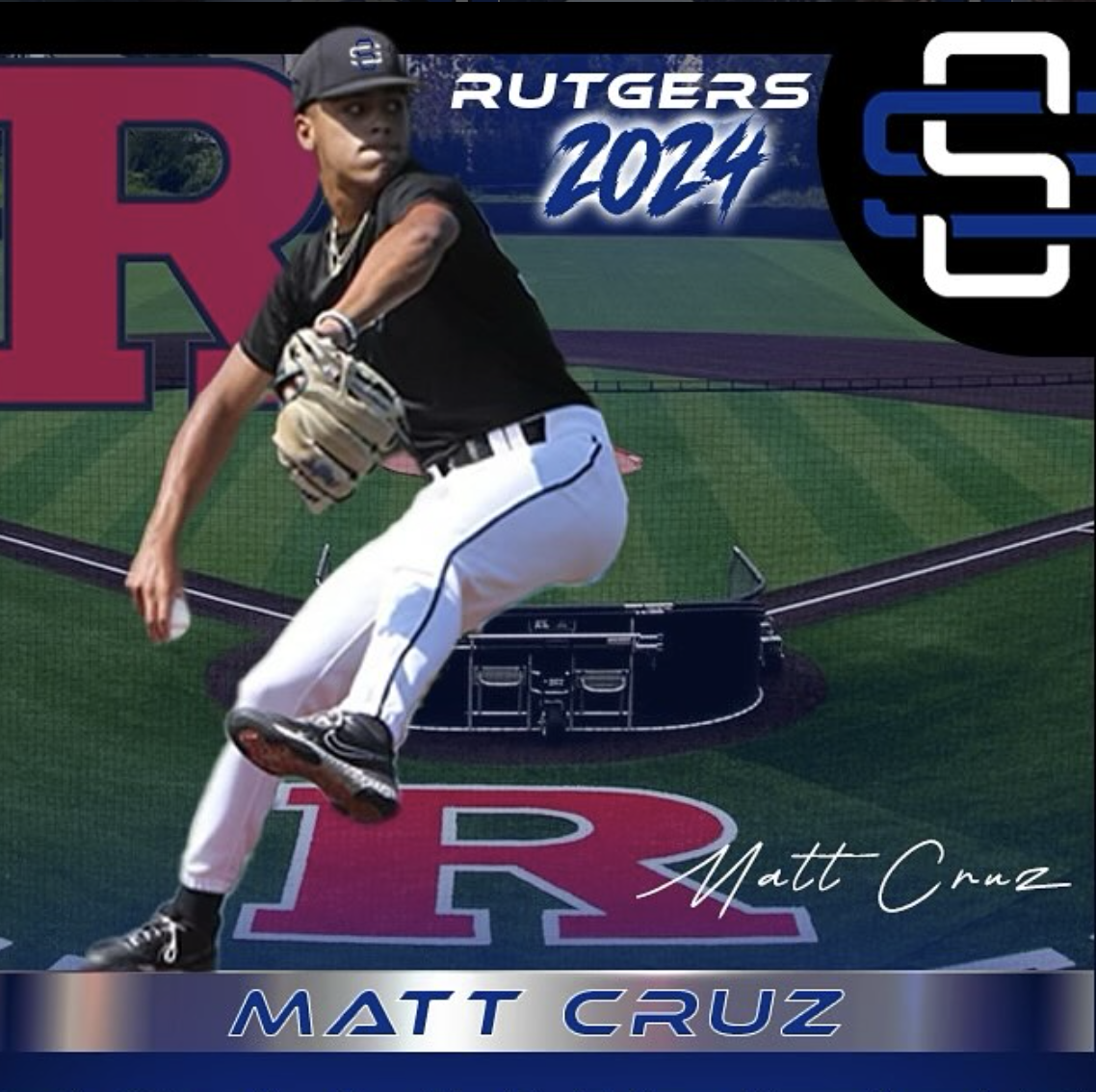 A digitally created graphic of a baseball player in a black shirt and white pants, in a pitching stance, with a baseball glove on his left hand, on a baseball field background. Text on the graphic reads "Rutgers 2024" and "Matt Cruz." The Rutgers logo and a stylized letter 'S' are also visible.