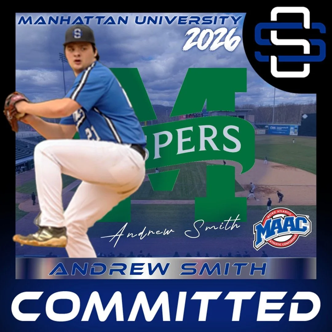 Digital graphic design featuring a baseball player in a pitching stance, wearing a blue jersey and white pants, with the text 'Manhattan University 2016' at the top and 'Andrew Smith' below. The background displays a baseball stadium with a field and players. The graphic includes the words 'Committed' in large white letters and the MAAC athletic conference logo.