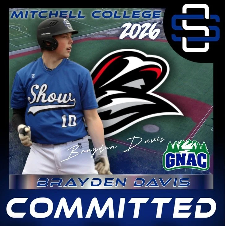 A baseball player in uniform holding a bat on a baseball field. The image highlights the name Brayden Davis, who committed to Mitchell College in 2024. There are logos for Mitchell College, GNAC, and a stylized hawk.