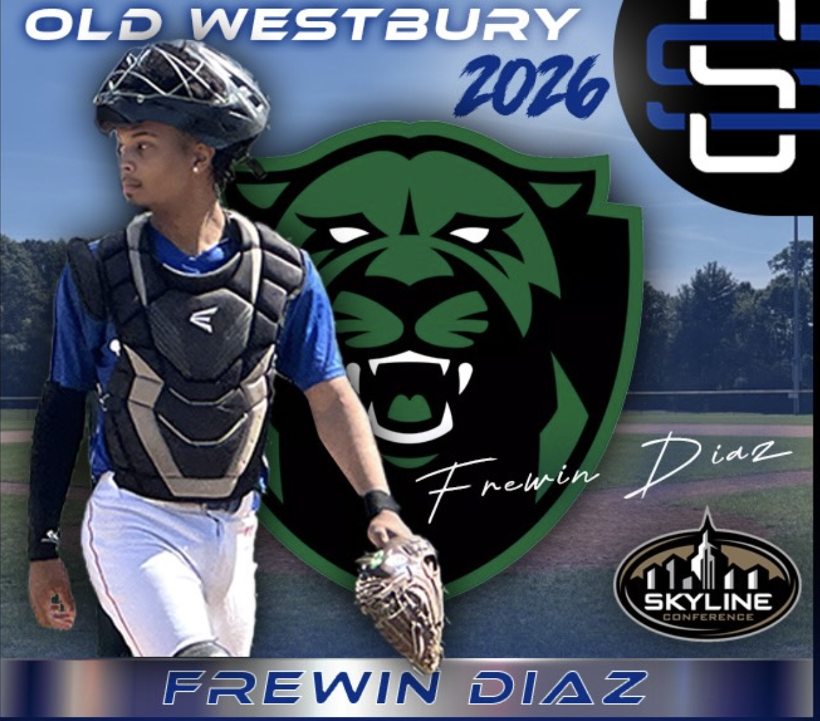 A baseball player wearing a helmet and catcher's gear on a baseball field, with a large green and black lion logo and text indicating 'Old Westbury 2026' and 'Frewin Diaz', with a 'Skyline Conference' emblem in the lower right corner.