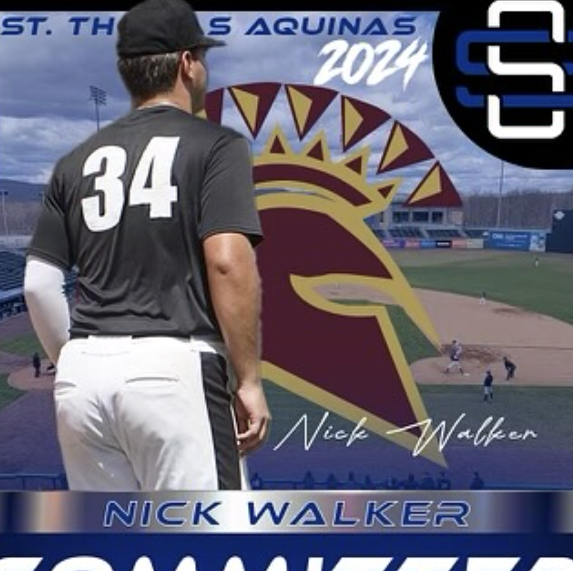 Baseball player Nick Walker wearing jersey number 34 standing at a baseball stadium with the team's logo and stadium in the background.