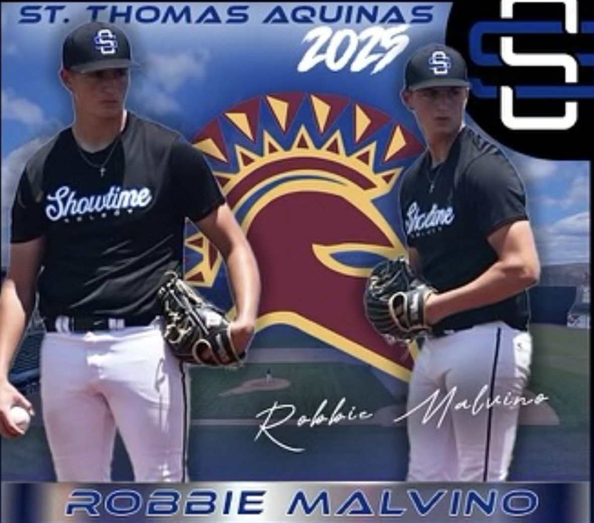 Two baseball players in black shirts and white pants standing in front of a colorful background with a bird and sun design. The text on the image includes "St. Thomas Aquinas 2023," "Robbie Malvino," and "Showtime Baseball."