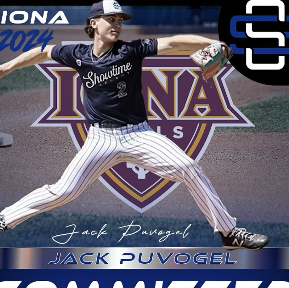 A baseball player in a pitching stance on the field, wearing a navy jersey with 'Showtime' and the number 2, striped pants, and a cap, with a logo in the background and text indicating his name Jack Puvogel.