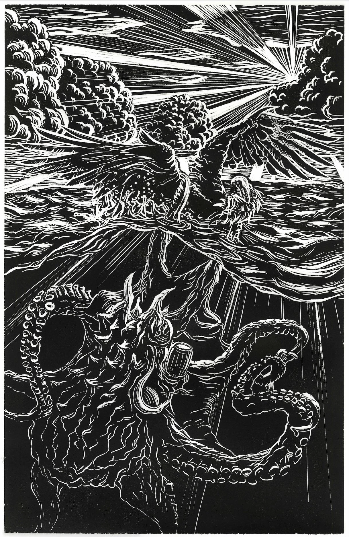 "The Battle" 2026, Monochrome Block Print, 15.5 x 24 inches