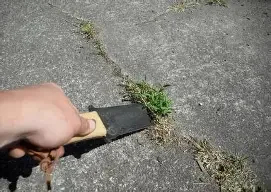 A hand using a scraper to remove weeds from a concrete pavement.