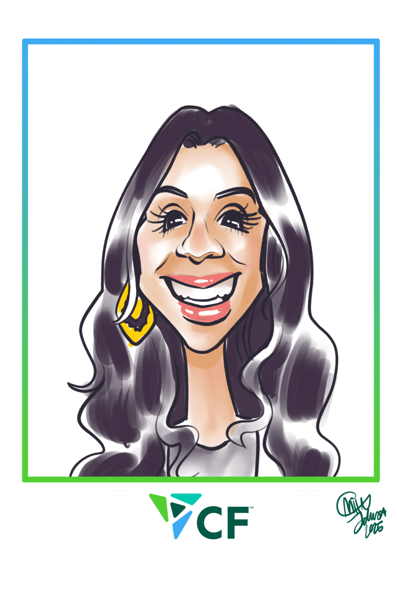 A digital caricature is depicting a smiling woman with long black hair and gold hoop earrings.