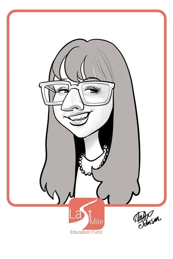 Digital caricature of a woman in glasses with long hair surrounded by a coral border with a logo of a non-profit company at the bottom.