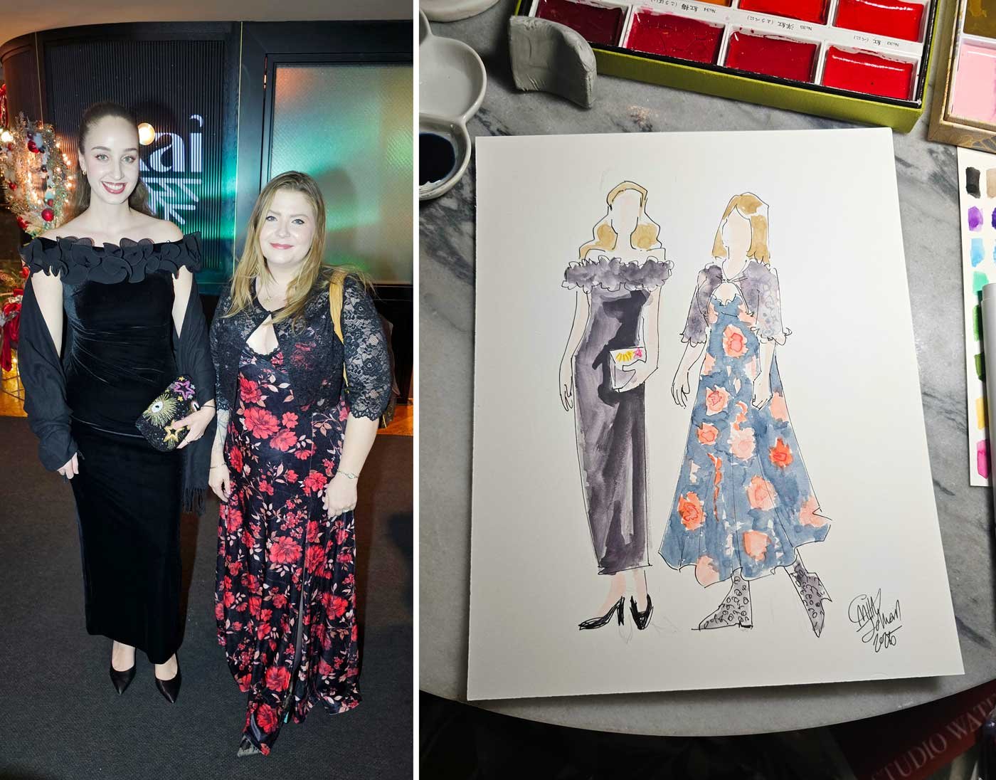 2 images are shown side by side of two women- one in a black, velvet dress and the other in a black and red rose patterned dress- and a watercolor painting of the two women.