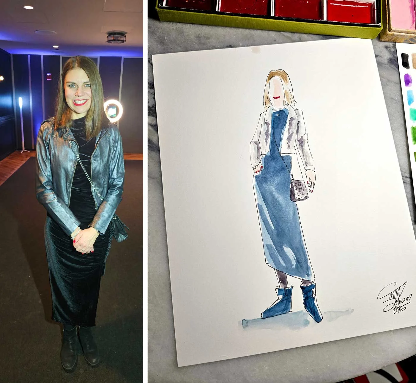 2 images are shown side by side of a woman in a velvet dress with a silver jacket and a watercolor painting of the woman.