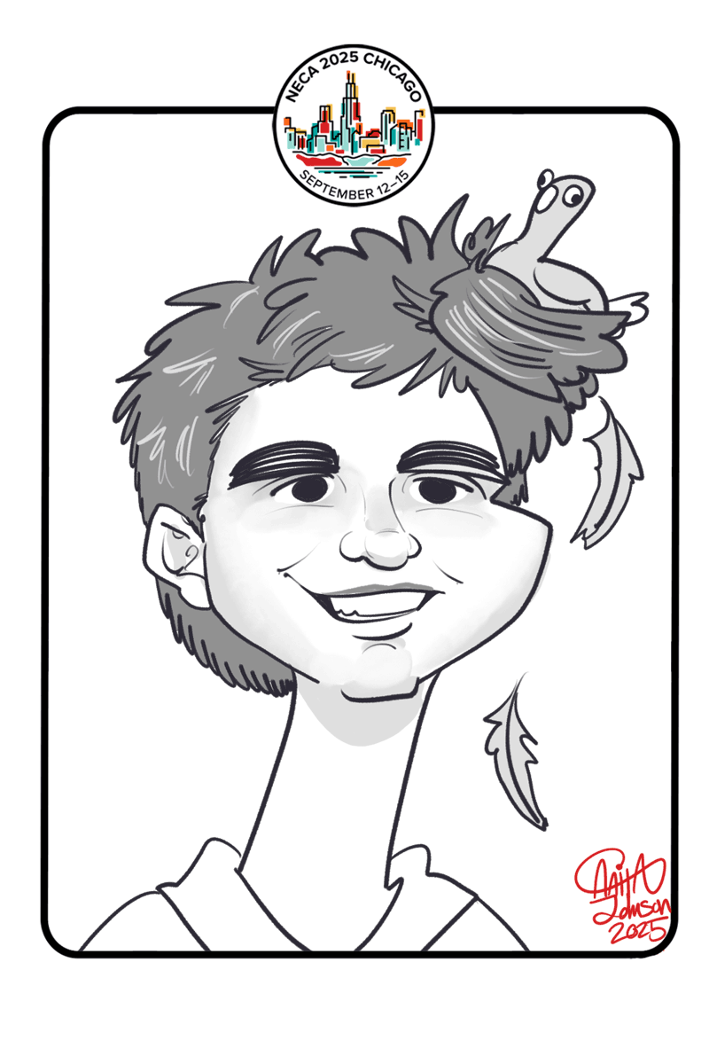 Digital caricature of a man with messy hair and a bird in a nest made out of his hair surrounded by a border with a small Chicago skyline logo.