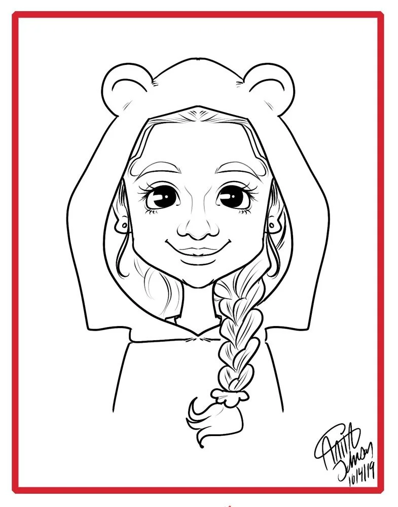 Digital caricature of a girl in an animal hoodie with ears surrounded by a red border.