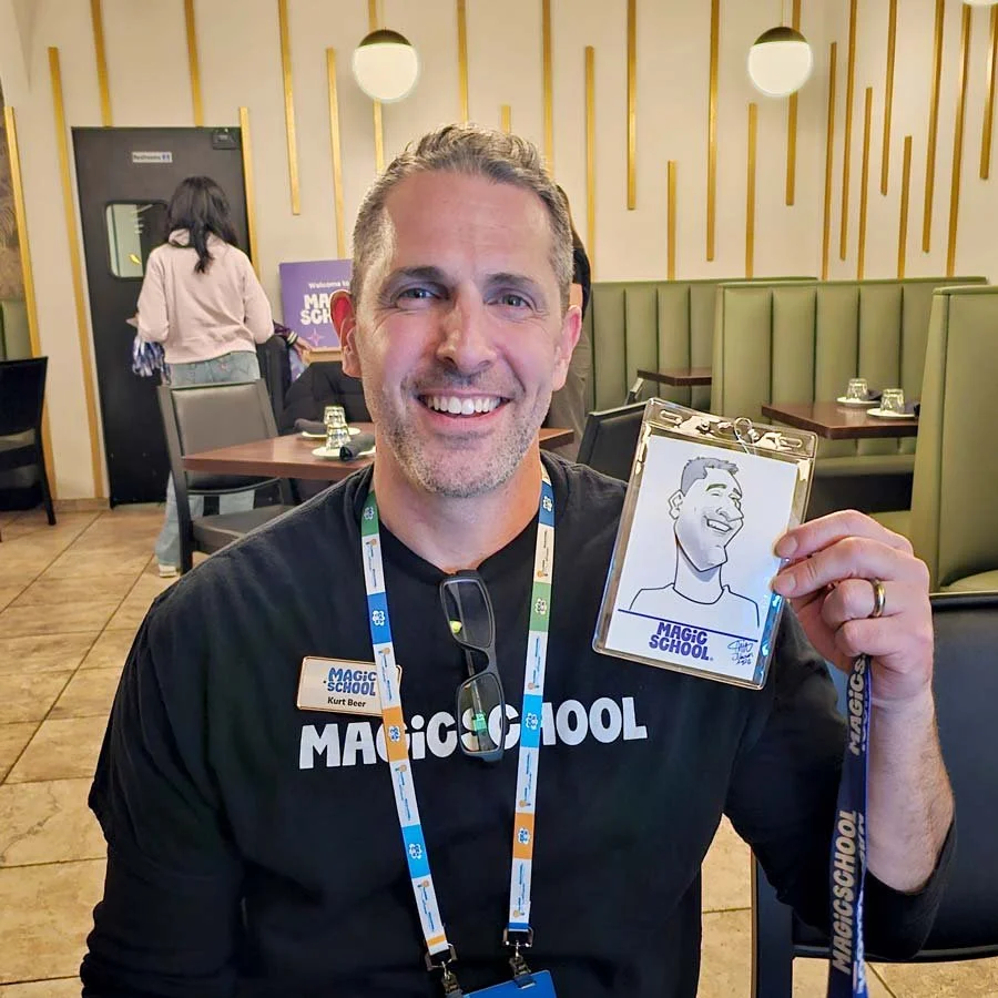 A smiling man holds up his digital caricature print in a 4x6 badge sleeve.