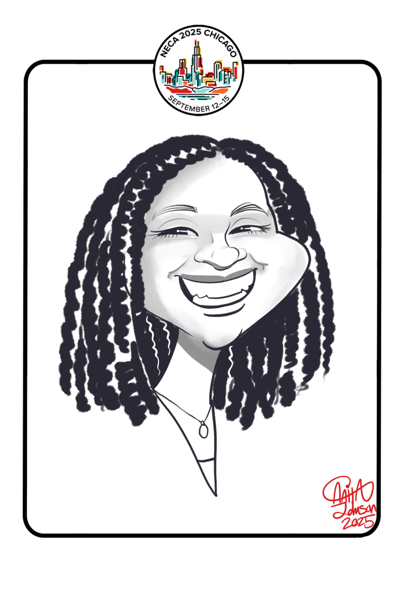 A digital caricature is depicting a woman with locs and a black border with the Chicago skyline at the top.