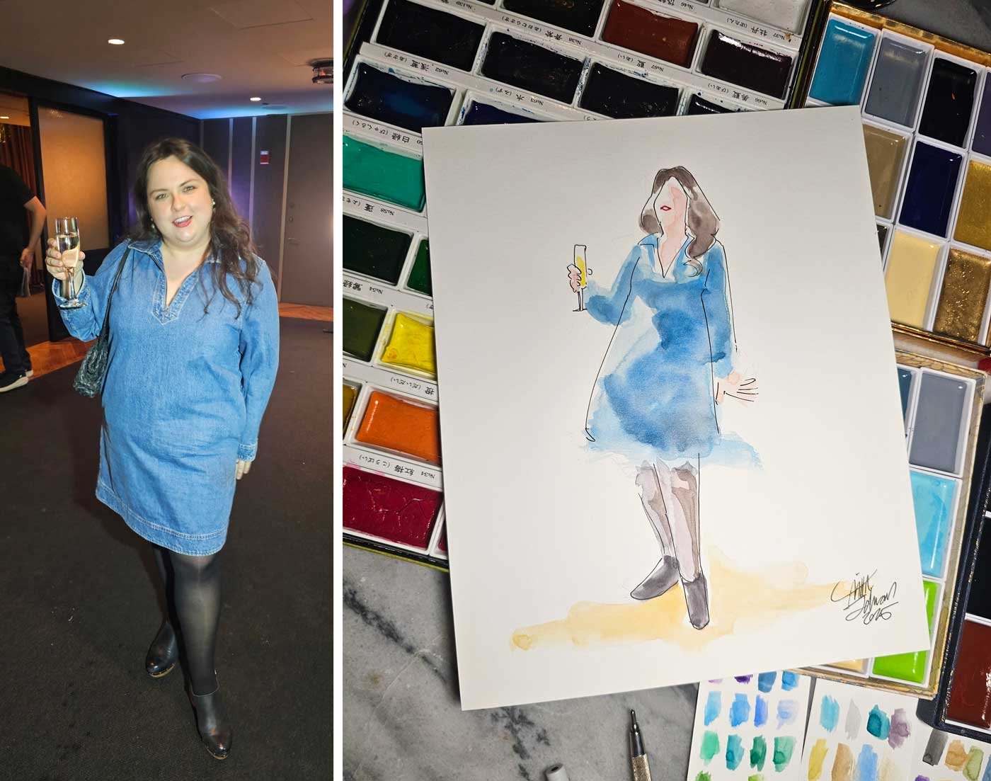 2 images are shown side by side of a woman in a light blue dress and black tights  and a watercolor painting of the woman.