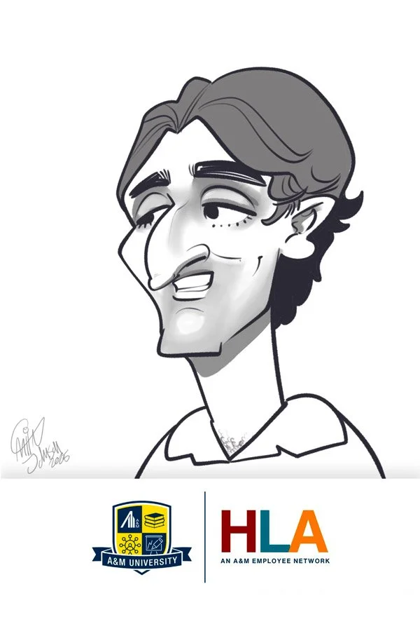 Black and white digital caricature of a man with a hooked nose, small mouth, and prominent chin.