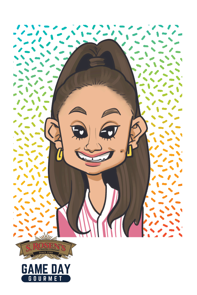 A digital caricature is depicting a young girl with brown hair and a pink striped jersey with rainbow sprinkles in the background.