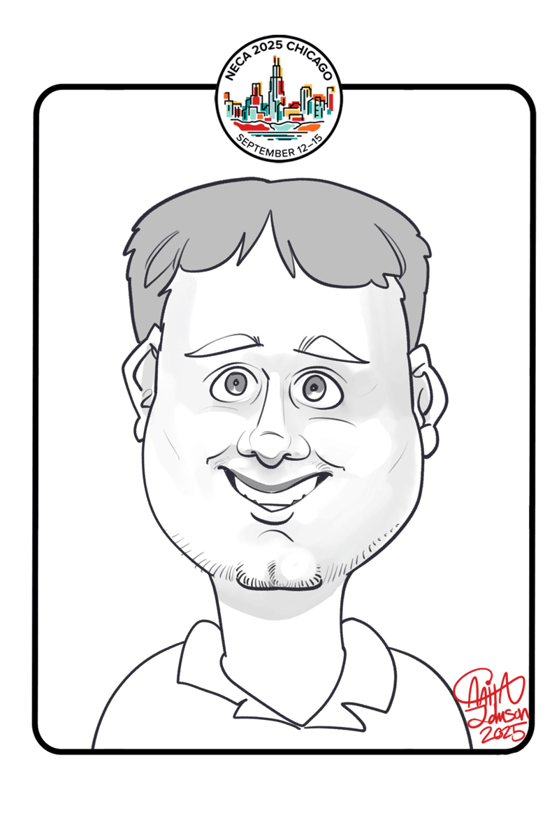 A digital caricature is depicting a smiling young man and a black border with the Chicago skyline at the top.