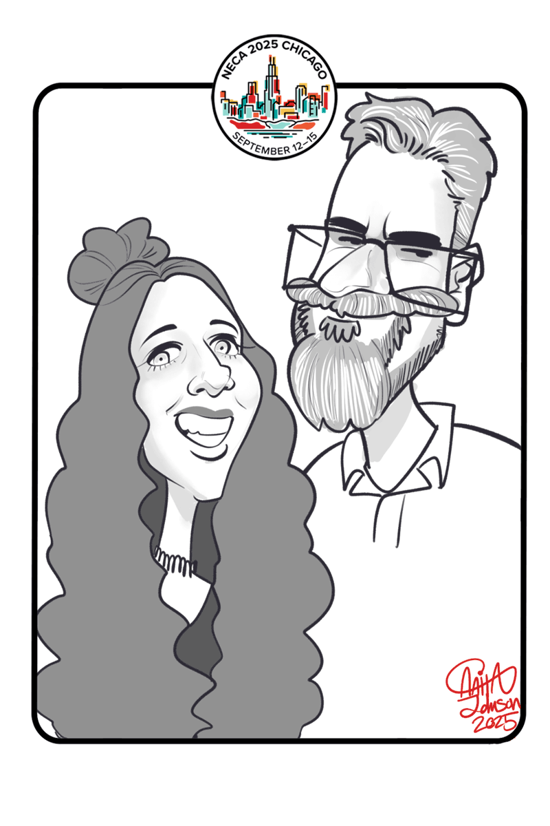 Digital caricature of a woman with long hair and a man with a goatee and glasses surrounded by a border with a small Chicago skyline logo.